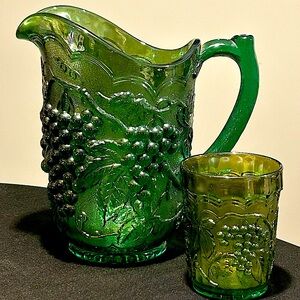 Vintage Imperial Grape Green Carnival Glass Water Pitcher and Cup RARE SET/COLOR
